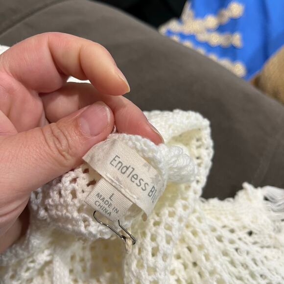 Endless Blu White Crochet Fringe Cover Up Boho Festival Beach Dress Size L - Picture 8 of 10